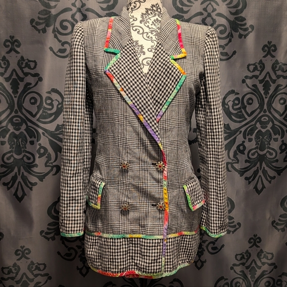 Emanuel Ungaro Jackets & Blazers - RARE Vintage Emanuel Ungaro Black and White Plaid Blazer Tie Dye Trim